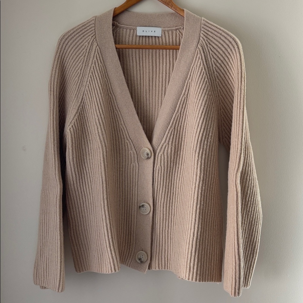 OLIVE Women's ribbed Wool Cardigan, Small, Neutral Beige